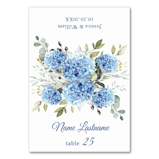 Elegant Blue Hydrangea Wedding Escort Card Tischnummer (Vorderseite)