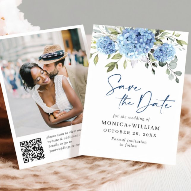 Elegant Blue Hydrangea Wedding QR Code Foto Save The Date (Von Creator hochgeladen)