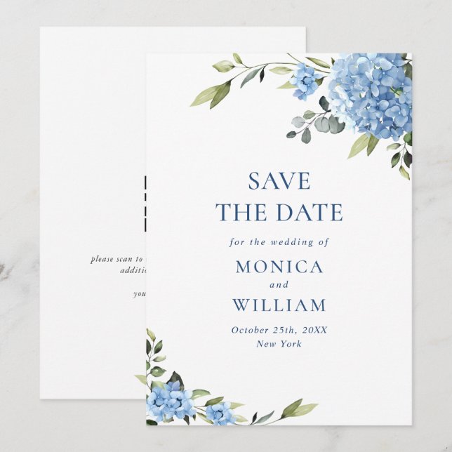 Elegant Blue Hydrangea Wedding QR Code Foto Save The Date (Vorne/Hinten)