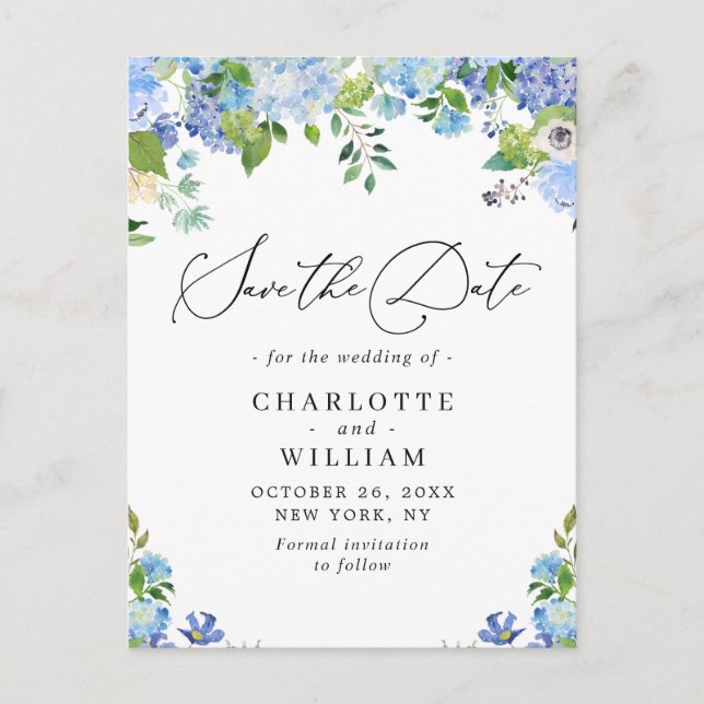 Elegant Blue Hydrangea Wedding QR Save the Date Postkarte (Vorderseite)