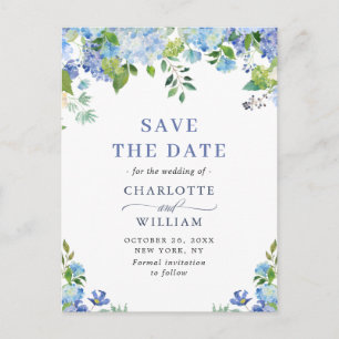 Elegant Blue Hydrangea Wedding rettet das Datum Postkarte
