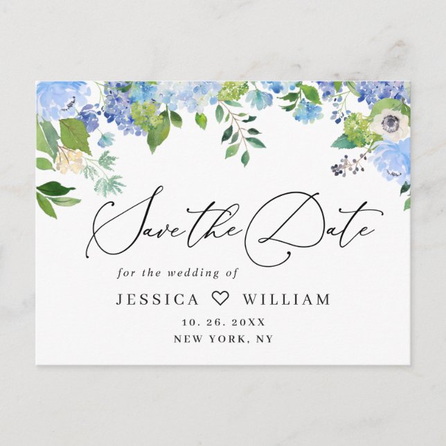 Elegant Blue Hydrangea Wedding Save the Date OR Postkarte (Vorderseite)