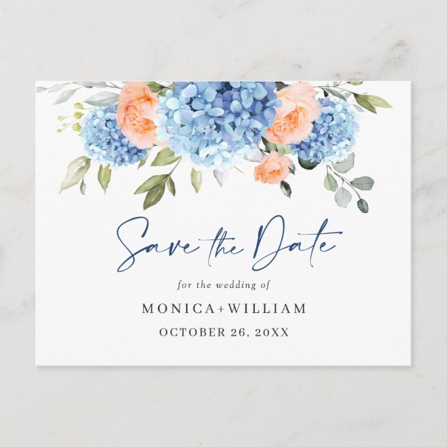 Elegant Blue Hydrangea Wedding Save the Date Postkarte (Vorderseite)