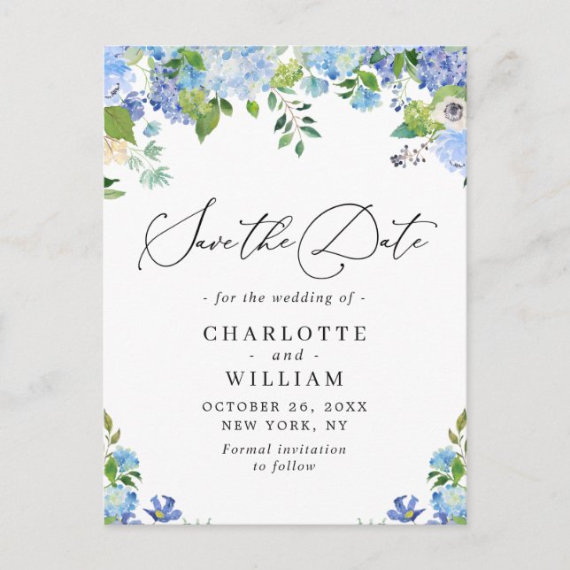 Elegant Blue Hydrangea Wedding Save the Date Postkarte (Vorderseite)
