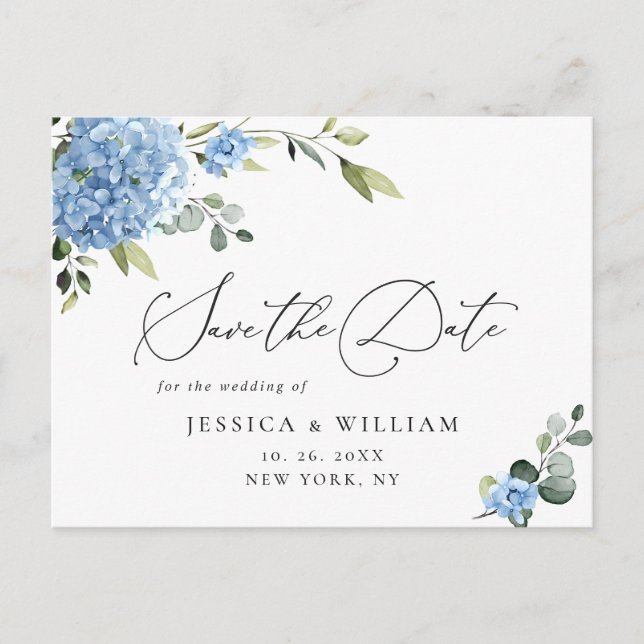 Elegant Blue Hydrangea Wedding Save the Date Postkarte (Vorderseite)