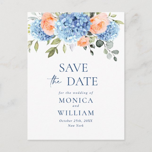 Elegant Blue Hydrangea Wedding Save the Date Postkarte (Vorderseite)