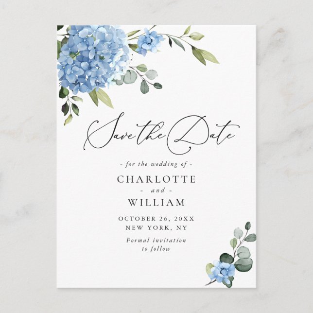 Elegant Blue Hydrangea Wedding Save the Date Postkarte (Vorderseite)
