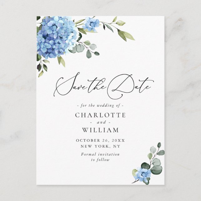 Elegant Blue Hydrangea Wedding Save the Date Postkarte (Vorderseite)