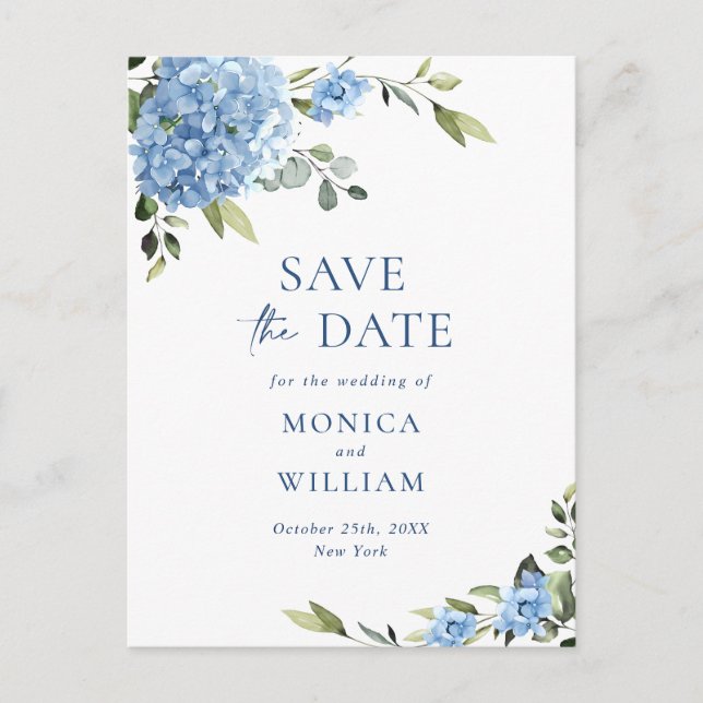 Elegant Blue Hydrangea Wedding Save the Date Postkarte (Vorderseite)