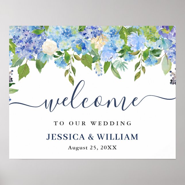 Elegant Blue Hydrangea Wedding Welcome Sign Poster (Vorne)