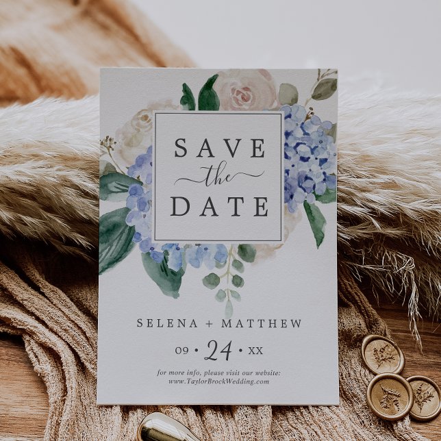 Elegant Blue Hydrangea | Weiße Save the Date Karte (Von Creator hochgeladen)