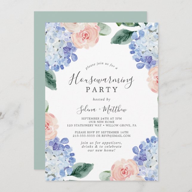 Elegant Blue Hydrangea | Weißes Party Einladung (Vorne/Hinten)