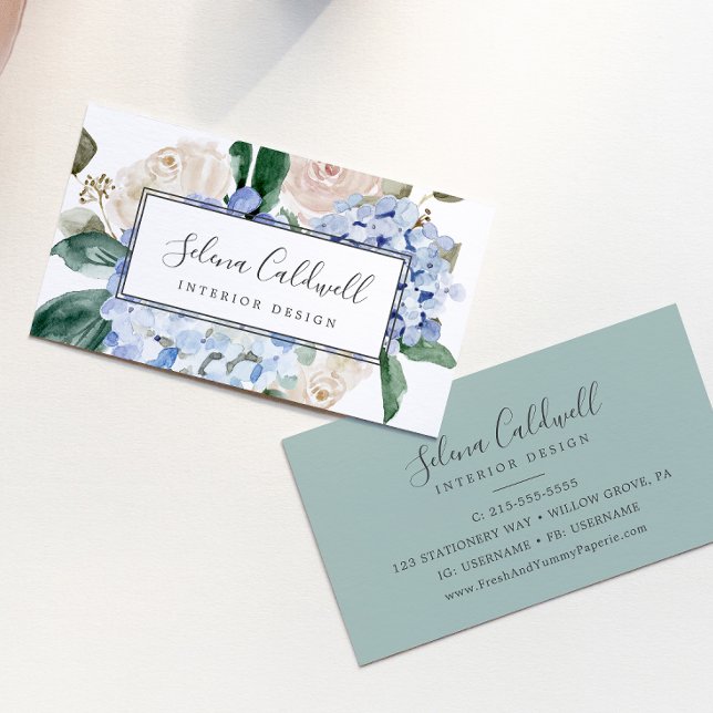 Elegant Blue Hydrangea | White Business Card Visitenkarte (Von Creator hochgeladen)