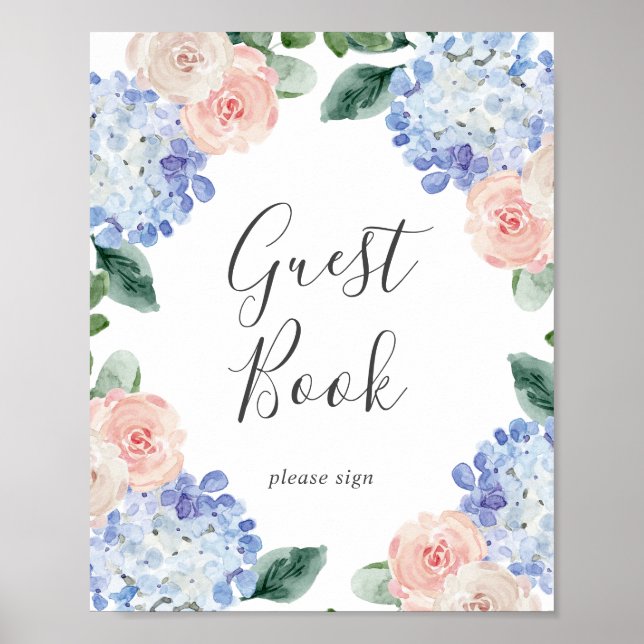 Elegant Blue Hydrangea | White Guest Book Sign Poster (Vorne)