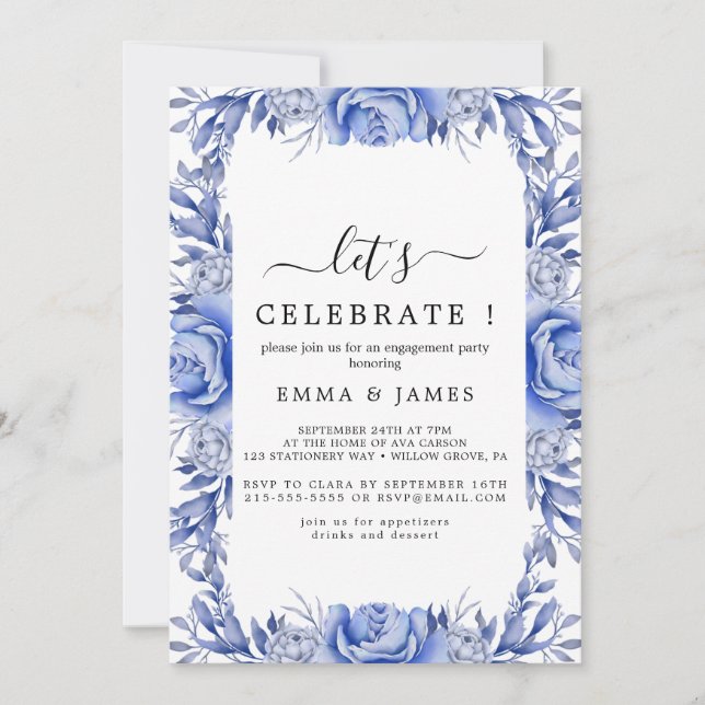 Elegant Blue Hydrangea | White "Let's Celebrate" I Einladung (Vorderseite)