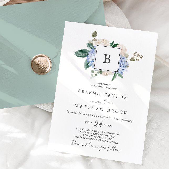 Elegant Blue Hydrangea | White Monogram Wedding Einladung (Von Creator hochgeladen)