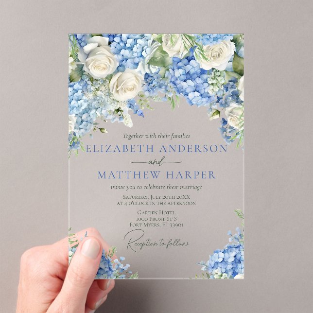 Elegant Blue Hydrangea White Roses Floral Wedding Acryleinladungen (Insitu (Handheld))