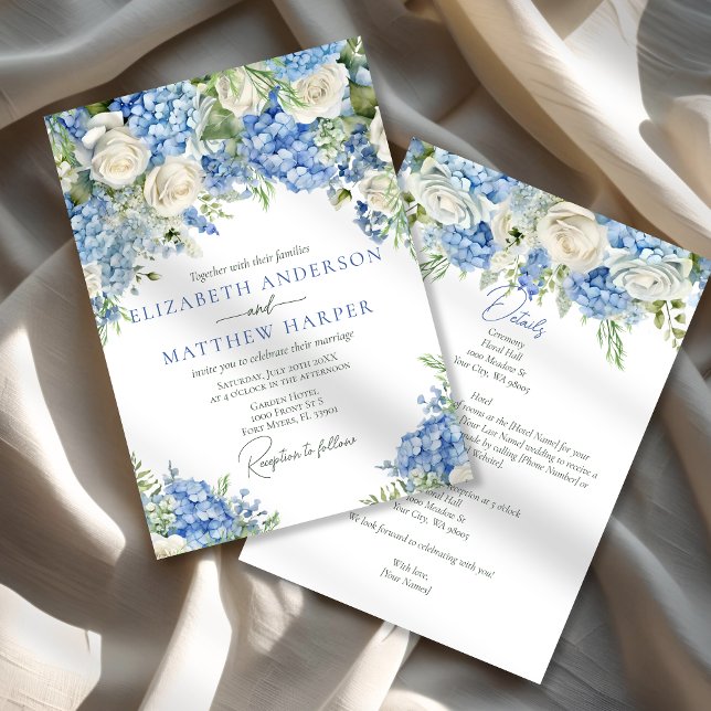 Elegant Blue Hydrangea White Roses Floral Wedding Einladung (Von Creator hochgeladen)