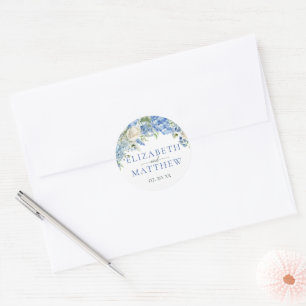 Elegant Blue Hydrangea White Roses Floral Wedding Runder Aufkleber