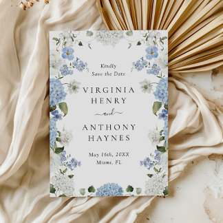 Elegant Blue Hydrangea White Roses Floral Wedding Save The Date