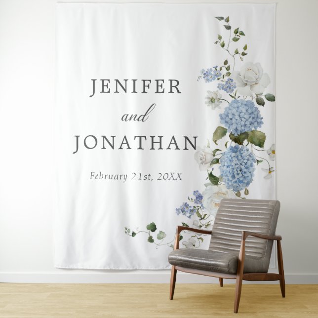 Elegant Blue Hydrangea White Roses Floral Wedding Wandteppich (Beispiel)