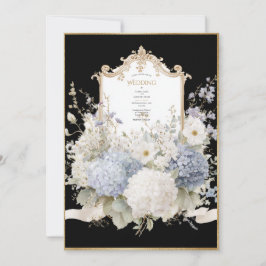 Elegant Blue Hydrangeas Black Vintage Wedding Einladung