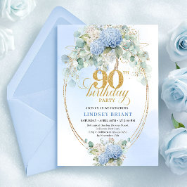 Elegant Blue Hydrangeas Gold 90th Birthday Invites Einladung
