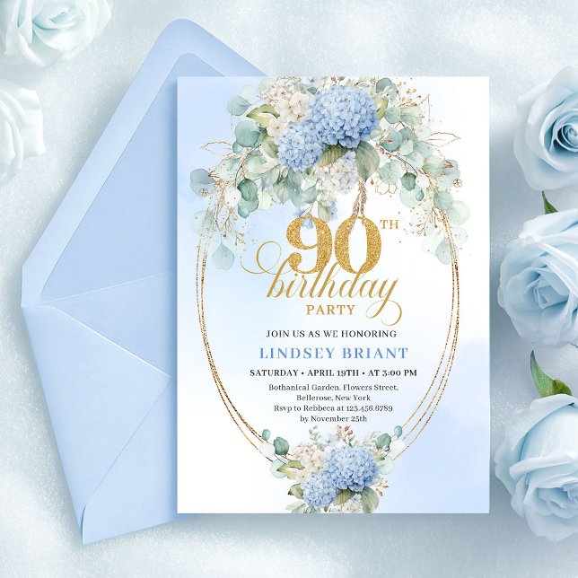 Elegant Blue Hydrangeas Gold 90th Birthday Invites Einladung (Elegant Blue Hydrangeas Gold 90th Birthday Invitation)