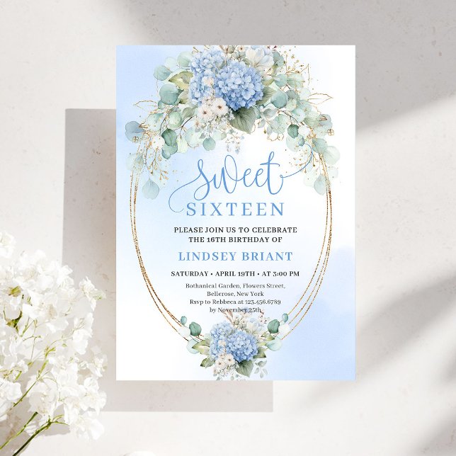 Elegant Blue Hydrangeas Gold Sweet Sixteen Invite Einladung (Elegant Blue Hydrangeas Gold Sweet Sixteen Invite)