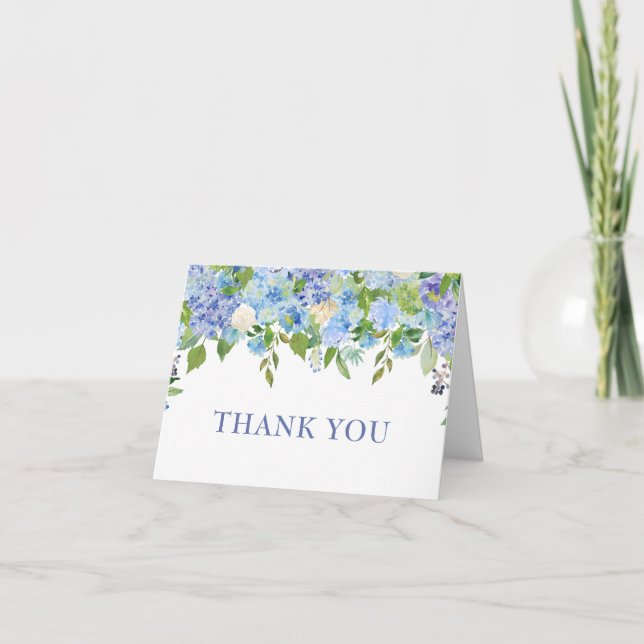 Elegant Blue Hydrangeas Grüne Wasserfarbe Dankeskarte (Vorderseite)