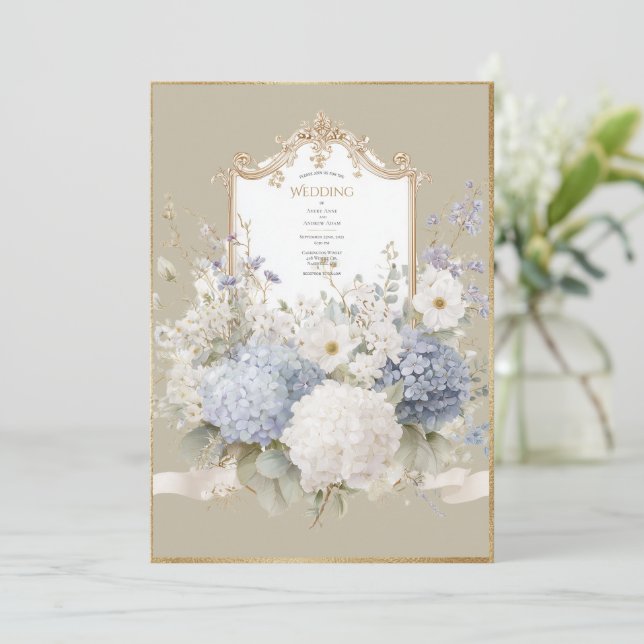Elegant Blue Hydrangeas Vintage Wedding Einladung (Stehend Vorderseite)