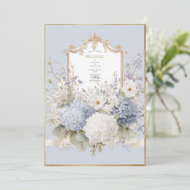 Elegant Blue Hydrangeas Vintage Wedding Einladung (Stehend Vorderseite)