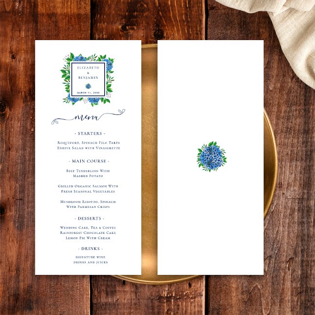 Elegant Blue Hydrangeas Watercolor Wedding Menükarte (Front/Back)
