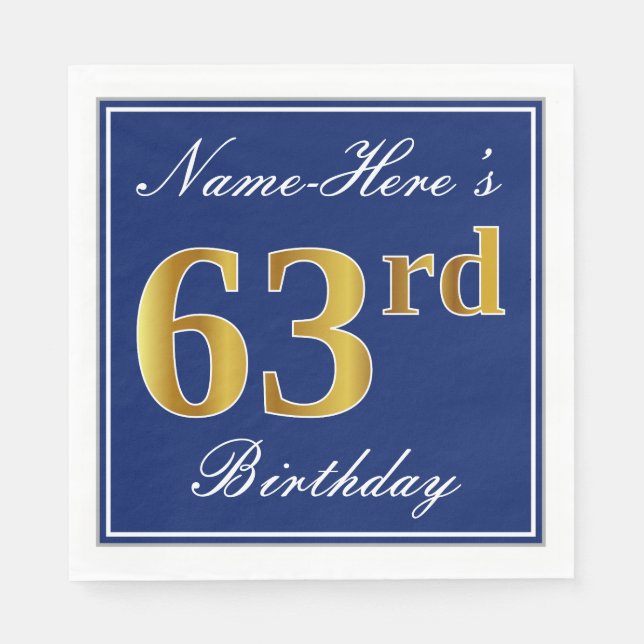 Elegant Blue, Imitate Gold 63. Geburtstag; Individ Serviette (Vorderseite)