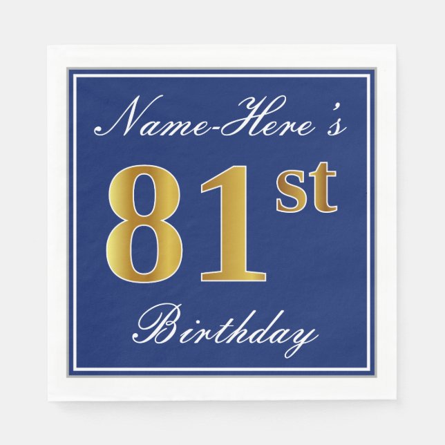 Elegant Blue, Imitate Gold 81. Geburtstag; Individ Serviette (Vorderseite)