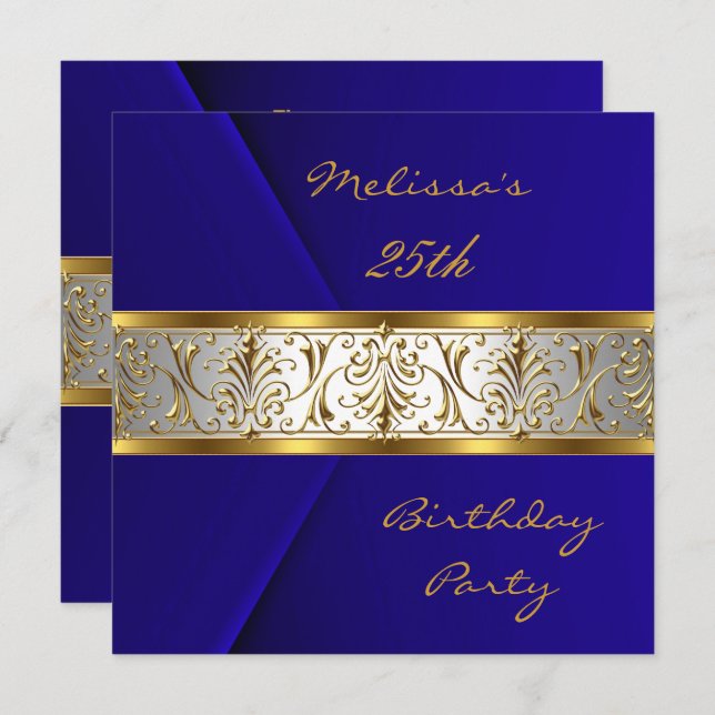 Elegant Blue Imitats Velvet Gold Trim 25. Einladung (Vorne/Hinten)
