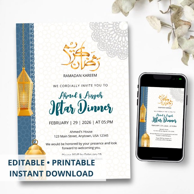 Elegant Blue Islamic Ramadan Iftar Invitation Einladung (Von Creator hochgeladen)