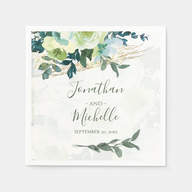 Elegant Blue Ivory Gold Türkis Floral Wedding Serviette (Vorderseite)