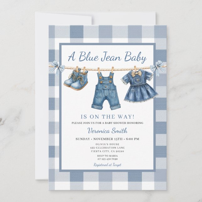 Elegant Blue Jean Clothesline Denim Baby Shower Einladung (Vorderseite)