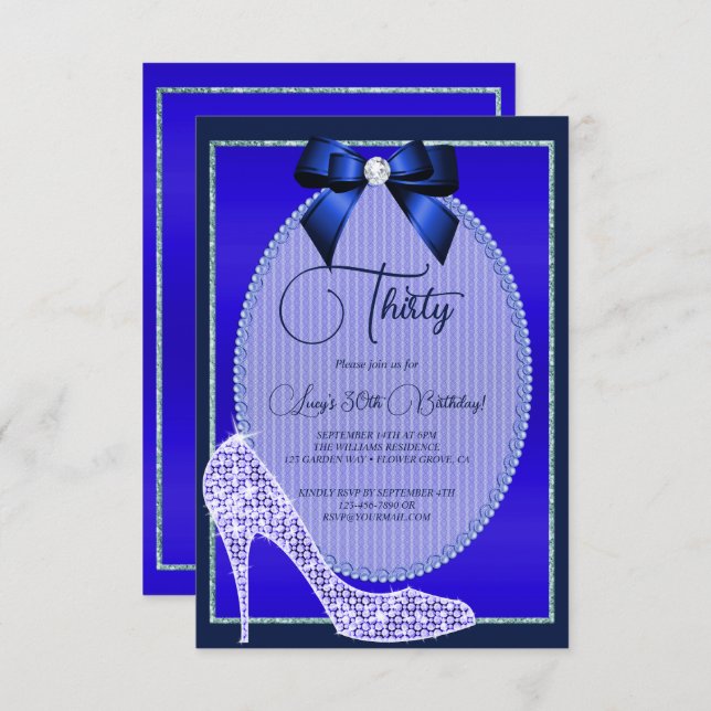 Elegant Blue Jewel Bow & Stiletto Geburtstag Einladung (Vorne/Hinten)