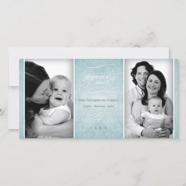 Elegant Blue "Joyeux Noël" Fotokarte Feiertagskarte (Vorderseite)