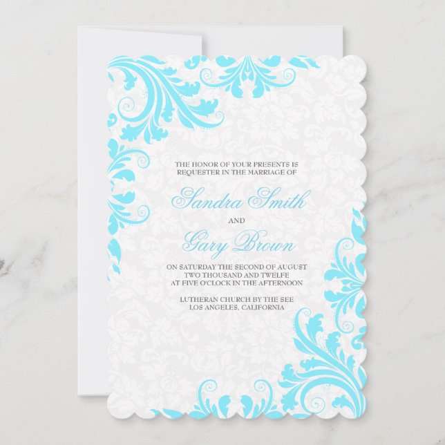 Elegant Blue Lace White Damasks Wedding Einladung (Vorderseite)