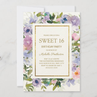 Elegant Blue Lila Floral Gold Sweet 16 Geburtstag Einladung