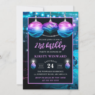 Elegant Blue & Lila Mermaid Baubles Geburtstag Einladung