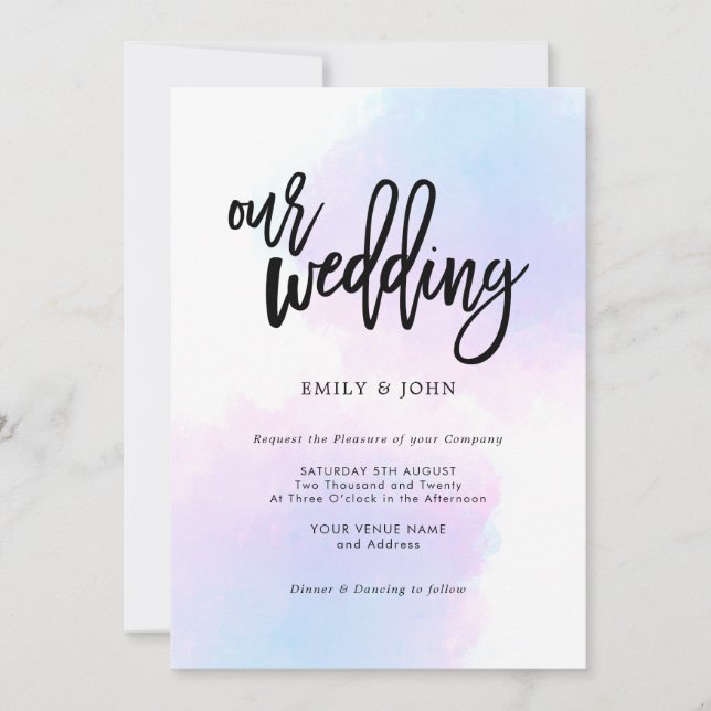 Elegant Blue/Lilac Watercolor/Black Script Wedding Einladung (Vorderseite)