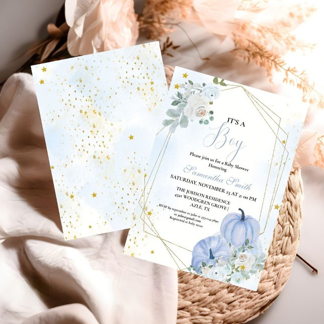 Elegant Blue Little Pumpkin Boy Baby Shower Einladung (Von Creator hochgeladen)