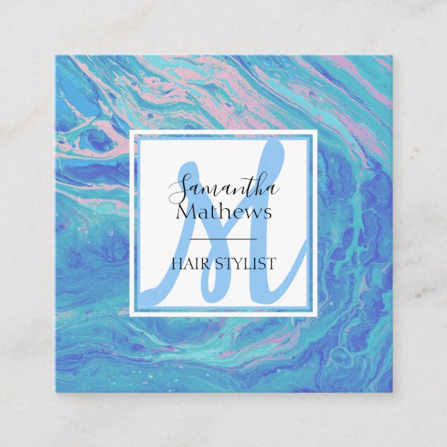 Elegant Blue Marble Agate Monogram Hair Stylist Quadratische Visitenkarte (Vorderseite)
