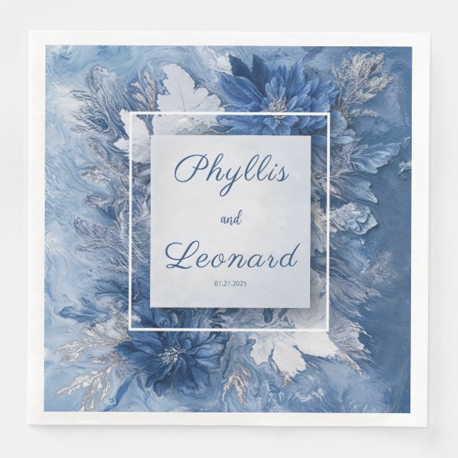 Elegant Blue Marble Floral Wedding Napkin Serviette (Vorderseite)