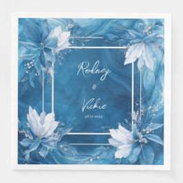 Elegant Blue Marble Floral Wedding Napkins Serviette