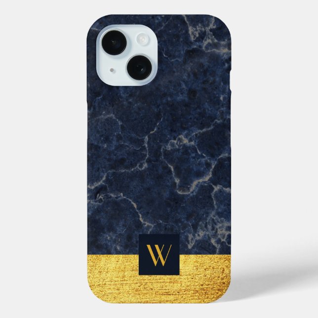 Elegant Blue Marble Gold Monogram Case-Mate iPhone Hülle (Rückseite)
